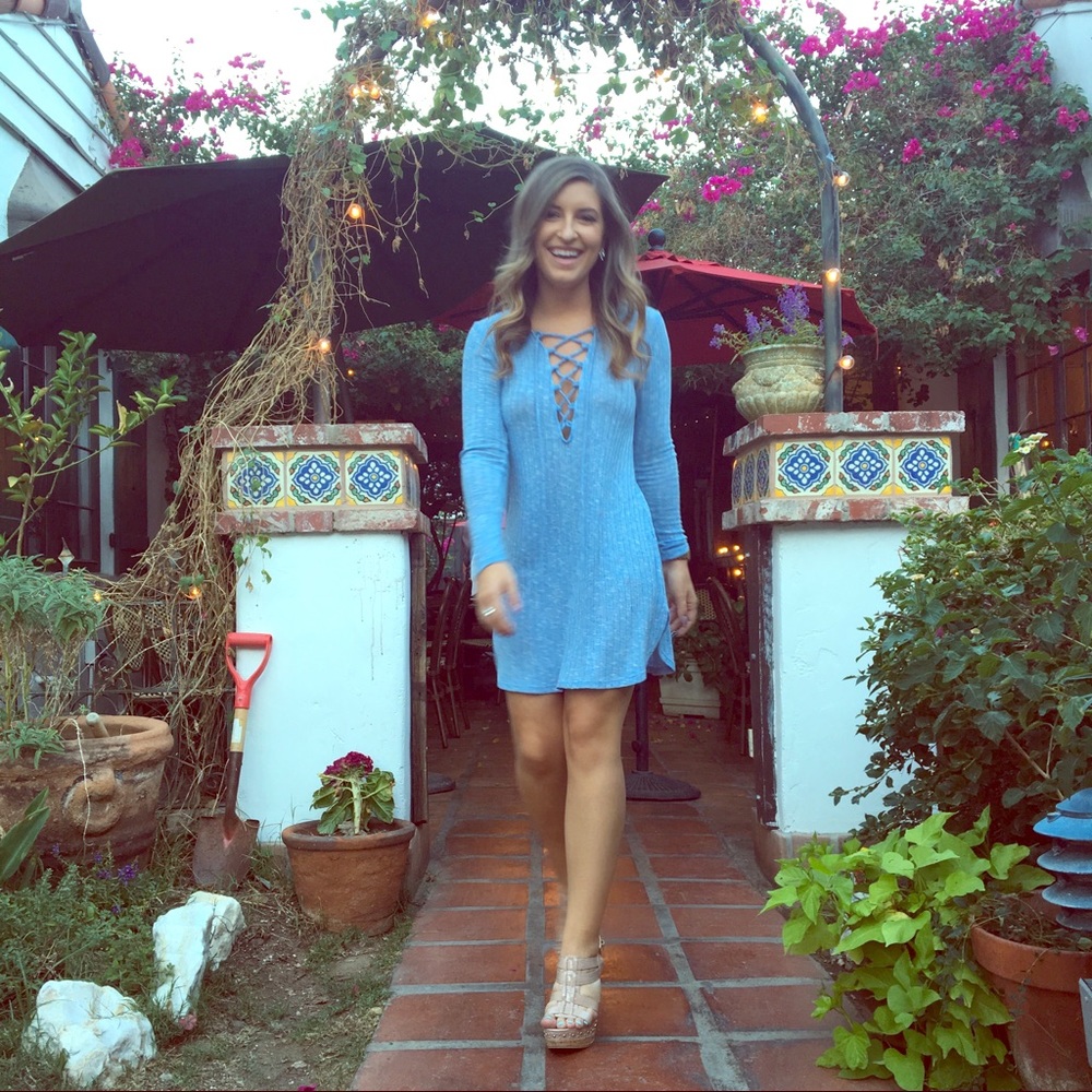 Blue knit lace up dress